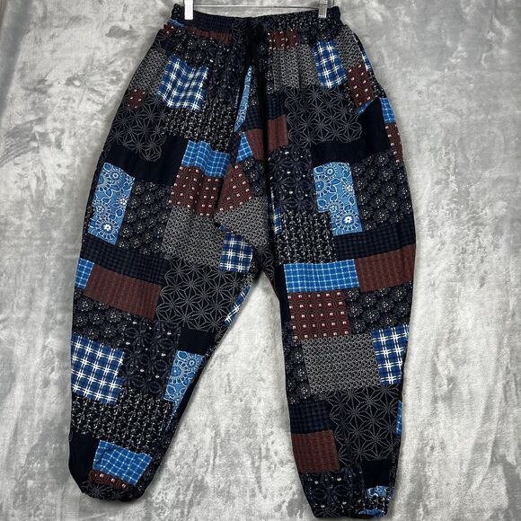 Onttno Adult  Harem Joggers Patchwork Pants L Cotton Linen Boho Festival Casual - Picture 1 of 13